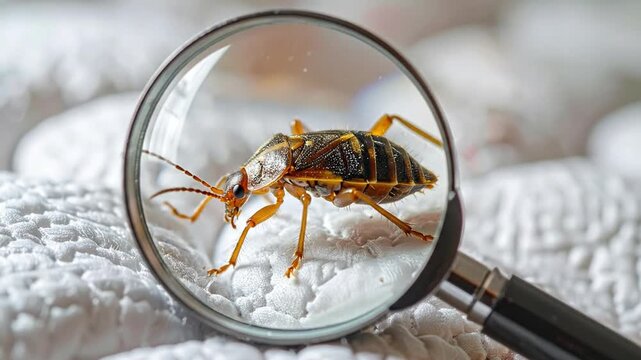 Close-up view of a bed bug under a magnifying glass on white fabric