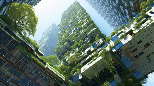 Solarpunk Vertical City: Futuristic Green Skyscrapers Connected by Sky Bridges