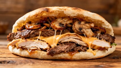Hearty pita sandwich with succulent steak, tender chicken, melted cheese, and savory mushrooms