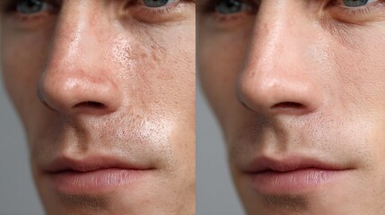 before-after men oily skin, shiny greasy texture vs clean matte skin
