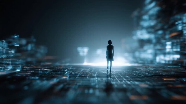 Digital Frontier Explorer: A lone individual traverses a futuristic digital landscape, representing the journey of exploration and innovation in the realm of technology.