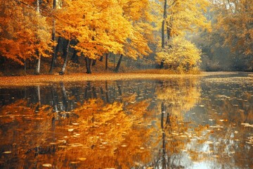 A serene autumn landscape featuring a tranquil river reflecting the vibrant hues of the surrounding trees, with a solitary figure standing on the bank, immersed in the tranquility of the scene.