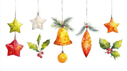 A collection of beautifully designed Christmas ornaments including stars, bells, and holly leaves in vibrant colors.