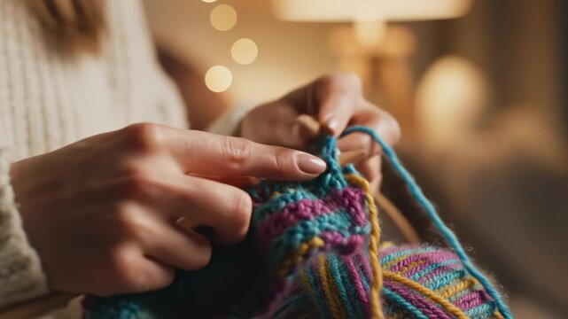 Hands knitting colorful yarn