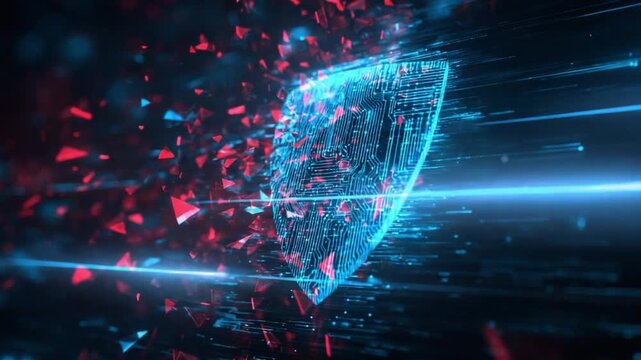 Cybersecurity Shield Bursting: A dynamic representation of cybersecurity, where a digital shield shatters, symbolizing vulnerability and the ever-present threat within the digital realm.