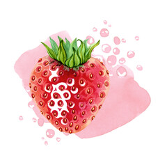 A red, juicy strawberry with a green leaf against a pink splash of strawberry juice or yogurt. A beautiful berry design. Summer red berries. Sweet ripe strawberry. Hand drawn watercolor illustration