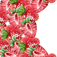 A curly semicircular template frame of juicy strawberries. A red summer berry wreath. Watercolor illustration. Copy space for design cosmetics, fruit snacks, marmalade, candies, chewing gum, menu