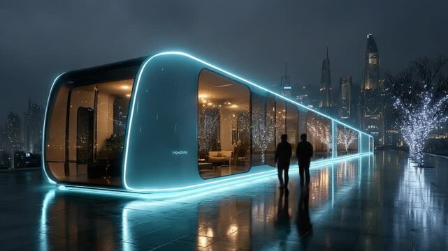 Futuristic Transportation: A visionary design of a sleek, illuminated train gliding through a modern cityscape, hinting at the future of travel and technology.