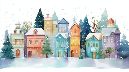 Fototapeta premium A colorful winter village scene with snow-covered houses surrounded by pine trees, evoking a cozy holiday atmosphere.
