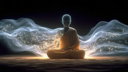 Serene Enlightenment: A serene figure, radiating tranquility, meditates in a state of deep contemplation, illuminated by a gentle aura, in a scene of spiritual depth.