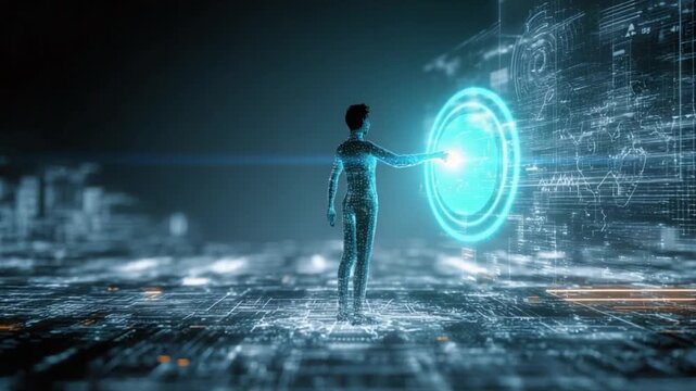 AI Interface: A futuristic scene captures a humanoid figure interacting with a glowing circular interface within a digital cityscape, representing the essence of technological advancement.