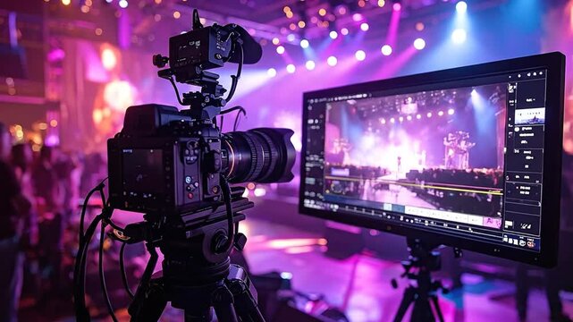 Professional video camera setup capturing a dynamic live music concert, with a monitor displaying the vibrant stage performance in a brightly lit venue
