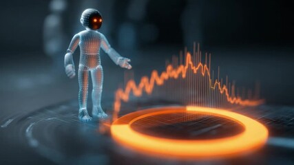 Digital Avatar and Data Visualization: A sleek, transparent digital avatar stands before an interactive visualization of fluctuating data, representing the future of digital interaction. - Powered by Adobe