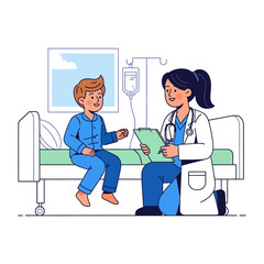 A doctor attentively speaks with a young patient in a hospital bed