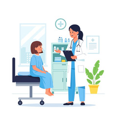 Doctor consulting with a young patient in a brightly lit medical office