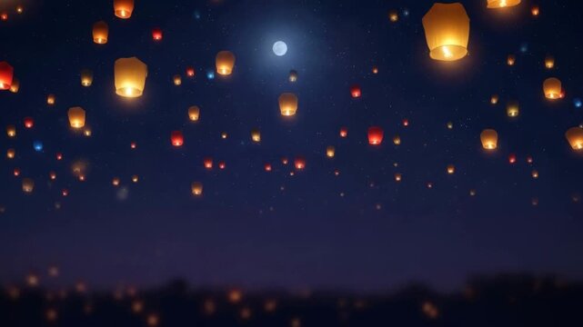 Many glowing sky lantern ascend into the dark night sky with a bright moon, a celestial event for hope and celebration