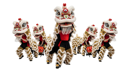 Lion Dance performance featuring multiple vibrant costumes, celebrating culture and tradition, isolated on transparent background