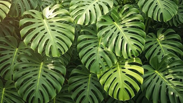 Lush Monstera Leaves in Tropical Sunlight with Vibrant Green Foliage.