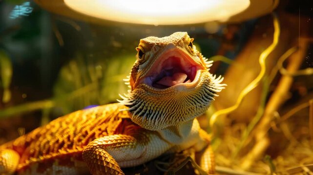 This captures a moment of a leopard gecko in an enclosure at the zoo. The gecko's mouth is open, revealing its tongue and teeth.