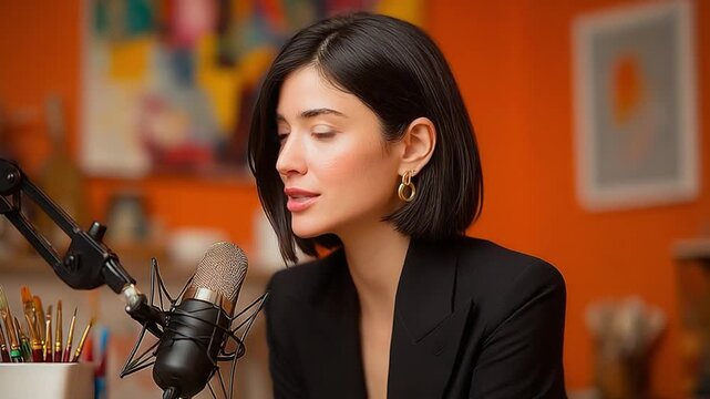 Studio's Voice: A poised woman, bathed in soft studio lighting, intently speaks into a microphone, her presence a picture of professionalism, as a symbol of communication.