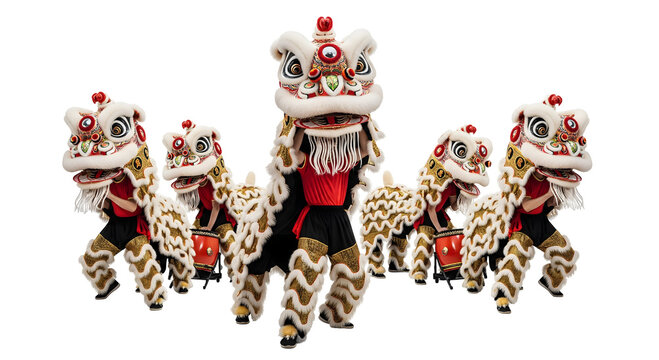 Lion Dance performance featuring multiple vibrant costumes, celebrating culture and tradition, isolated on transparent background