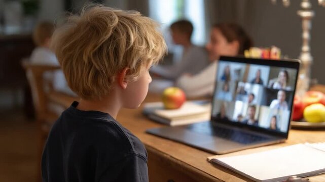 Virtual Connection: A young child engages in a video call on a laptop, connecting with others, highlighting the impact of technology on modern education and connection.