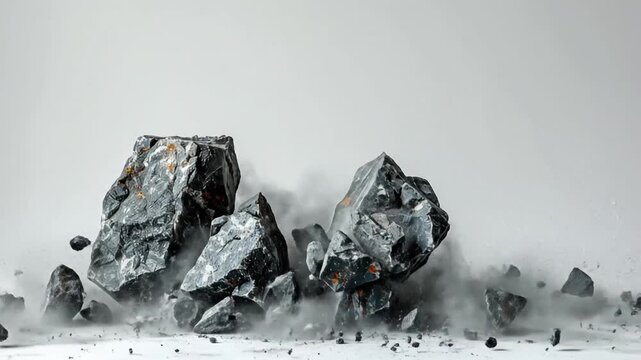 Dynamic scene of heavy, dark grey rocks shattering and colliding, generating an explosive cloud of white dust and debris across a stark, minimalist background, illustrating raw power and impact