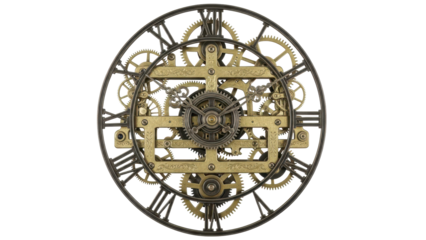 Large decorative wall clock with open face and metal gears isolated on white background