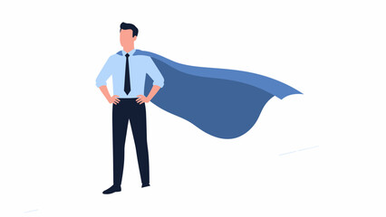 Businessman superhero standing with blue cape.