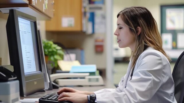 Office Medic: A focused medic sits diligently at a desk, typing on a computer. The setting is a clinic or medical office, filled with various details and objects, creating a professional environment.