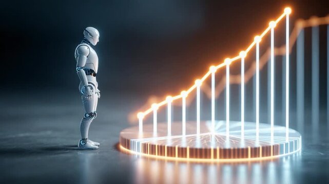 AI and the Ascent: A futuristic AI figure observes a glowing graph showcasing exponential growth, illustrating the potential of technology and innovation. 