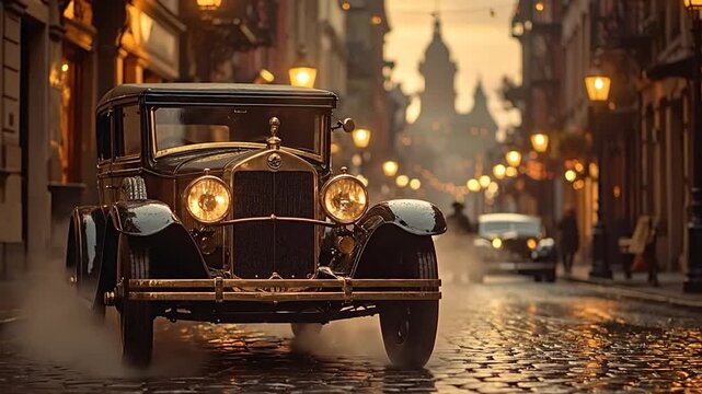 A classic vintage automobile with glowing headlights navigates a glistening cobblestone street in a charming, gaslight-era city at twilight, evoking a timeless journey through history