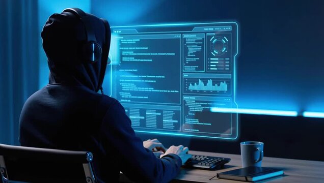 Programmer or Hacker Working on Futuristic Holographic Interface