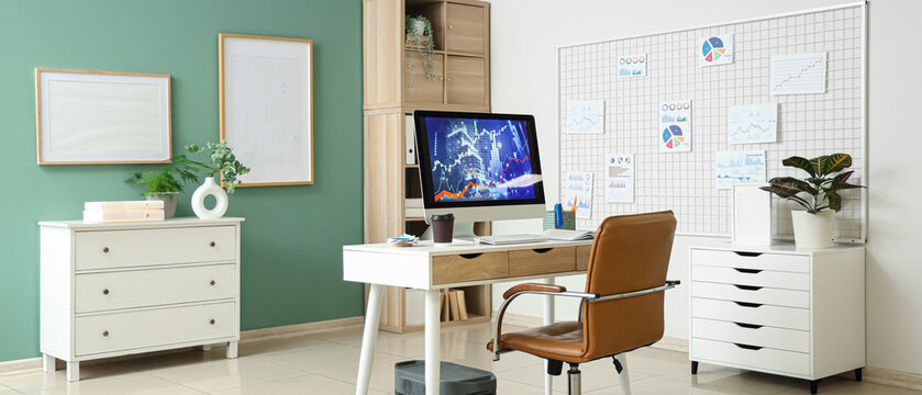 Interior of data scientist's office with workplace and board on wall - Powered by Adobe