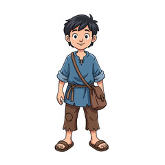 A young boy in simple medieval clothing stands confidently holding a satchel