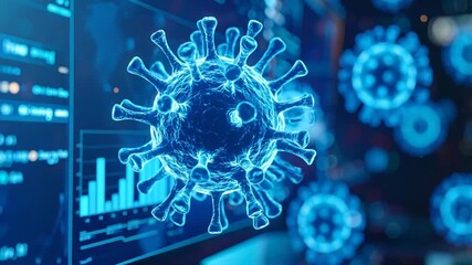 Digital rendering of a glowing microscopic virus, surrounded by scientific data displays, illustrating biological research into pathogens and health challenges - Powered by Adobe
