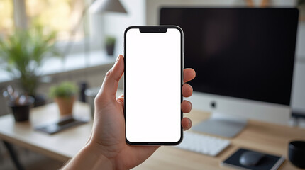 Man and woman holding smartphones with blank screens using technology and communication devices