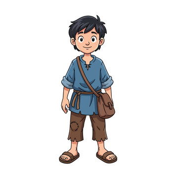 A young boy in simple medieval clothing stands confidently holding a satchel