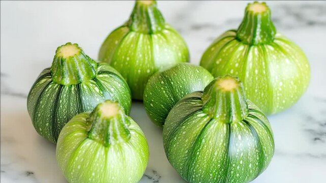 A group of seven small and colorful squash with a mix of yellow and green stripes, resting on a white marble countertop.
