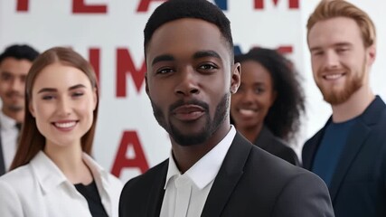 A diverse team of professionals posing for a at a business event. They are dressed in formal attire and exhibit confidence and camaraderie. - Powered by Adobe