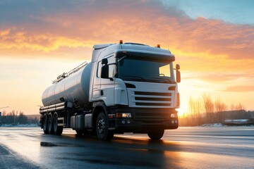 A large white truck is driving on a snowy road at sunset, with a beautiful orange and pink sky in the background.