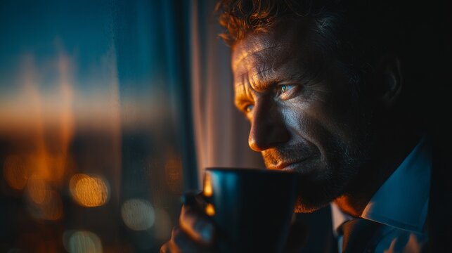 Businessman sipping coffee near window with city lights outside, early morning light illuminating his face, reflective mood, calm and cinematic atmosphere, relaxed urban lifestyle, thoughtful moment