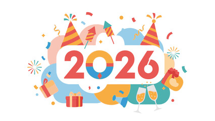 Fototapeta premium Vibrant illustration for a Happy New Year 2026 social media post with festive party elements and colorful confetti on a white background.