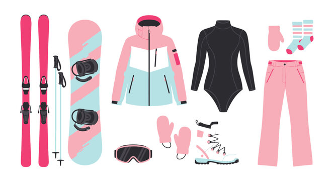 Winter sports equipment and clothing set. Skiing and snowboarding gear collection including skis, snowboard, jacket, pants, thermal suit, and accessories. Flat vector illustration in pink and blue, is
