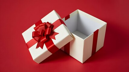 Open Gift Box with Red Ribbon and Bow on Red Background &ndash; Minimal Valentine & Celebration Concept
