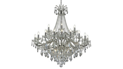 Luxury crystal chandelier hanging from the ceiling in perspective view isolated on white background