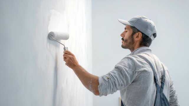 A professional painter in casual work attire uses a roller brush to paint a white wall in a modern interior. Focused craftsmanship and attention to detail highlight the renovation process