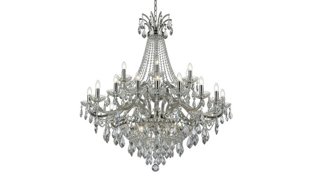 Luxury crystal chandelier hanging from the ceiling in perspective view isolated on white background