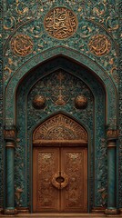 Elegant Islamic design with intricate geometric patterns, arabesque motifs, decorative elements, and symmetrical layout, traditional Middle Eastern art style with cultural and spiritual essence