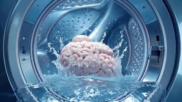 Symbolic representation of a human brain in a washing machine, undergoing a deep clean with splashing water, signifying mental refreshment, thought process purification, or cognitive reset